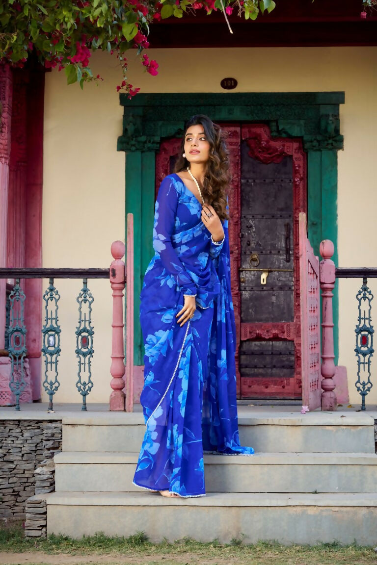 Vastranavya Blue Chiffon Floral Printed & Pearl Lace Border Saree with Unstitched Blouse