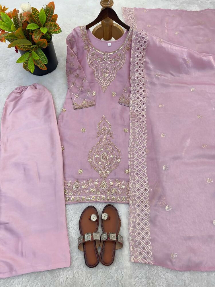 Teeya Creation Onion Color Gimmychu Silk Embroidery Work Wedding Wear Salwar Suit - Distacart