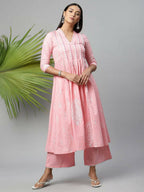 Ahalyaa Womens Pink Pure Cotton Printed Kurta Palazzo Set - Distacart