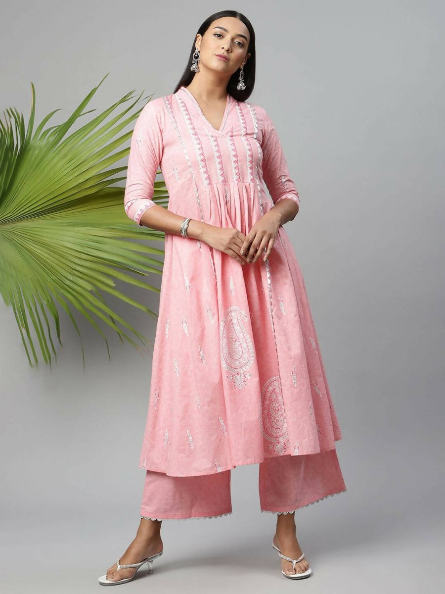 Ahalyaa Womens Pink Pure Cotton Printed Kurta Palazzo Set - Distacart