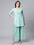 Ahalyaa Women Teal Pure Cotton Gold Foil Printed Pakistani Style Kurta Palazzo Set - Distacart