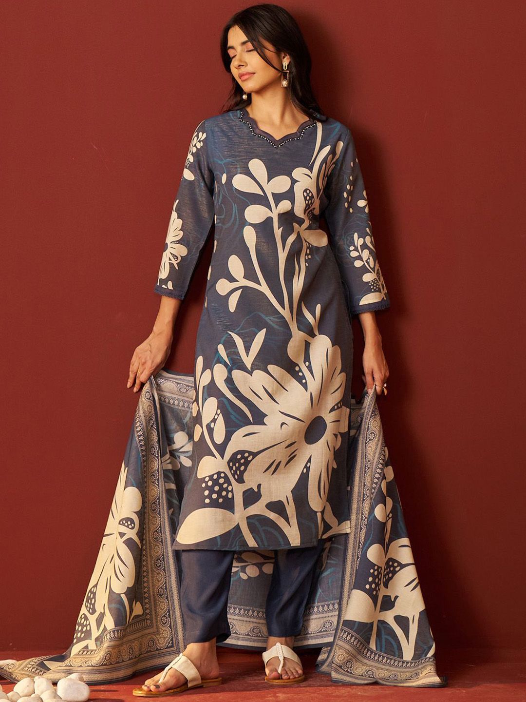 Indo Era Women Floral Printed Beads and Stones Kurta with Trousers & Dupatta Kurta Sets - Distacart