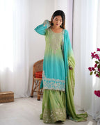 The52 Women's Beautiful Chinon silk Fabric Embroidery Work Straight Kurta Palazzo and Dupatta Set - Distacart