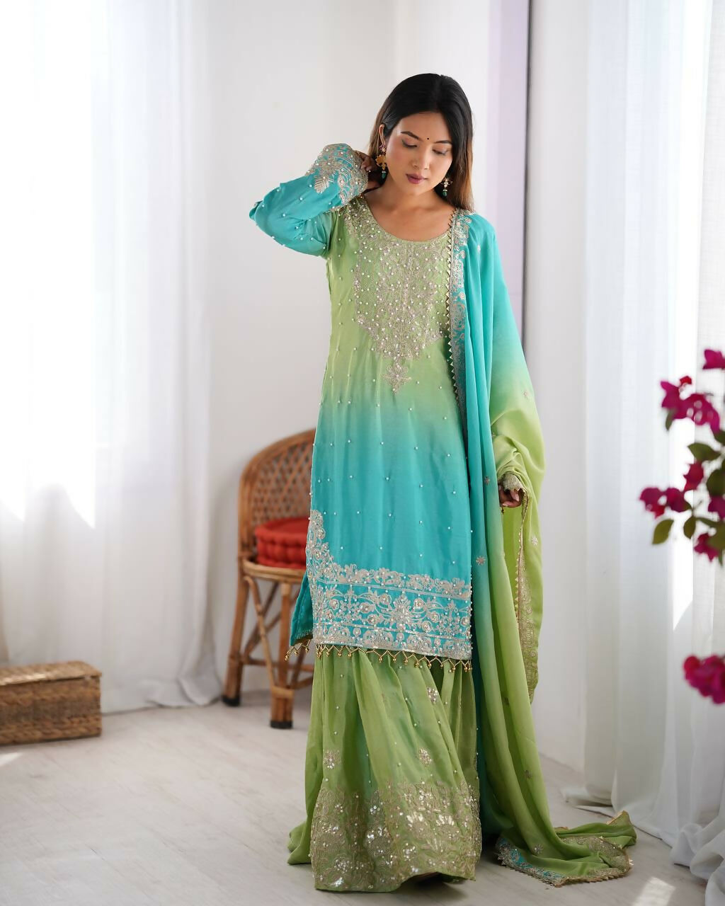 The52 Women's Beautiful Chinon silk Fabric Embroidery Work Straight Kurta Palazzo and Dupatta Set - Distacart
