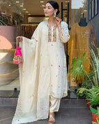 The52 Off White Women's Gorgeous Chinon Fabric Embroidered Work Straight Kurta Pant and Dupatta Set - Distacart