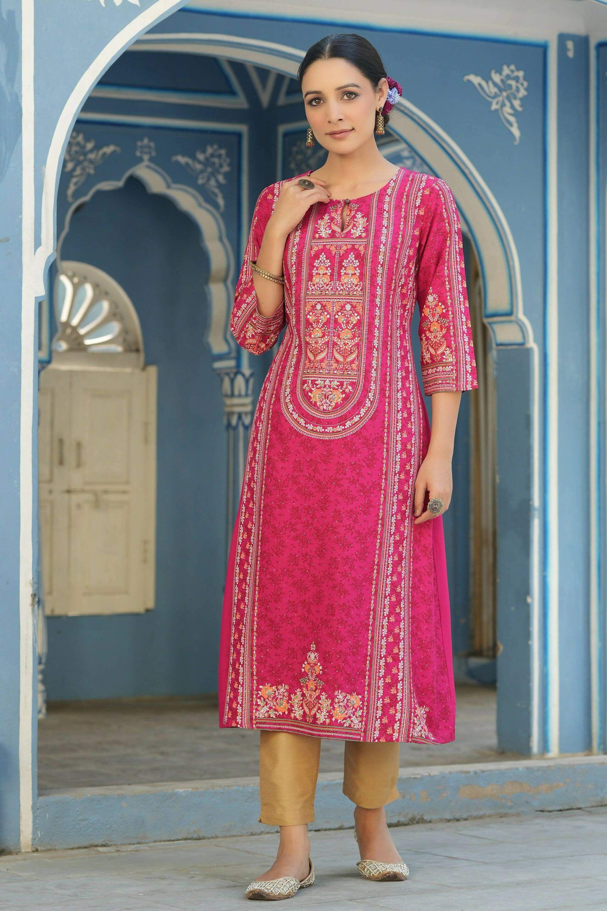 Juniper Women's Fuchsia Rayon Staple Placement Printed A-Line Kurta - Distacart