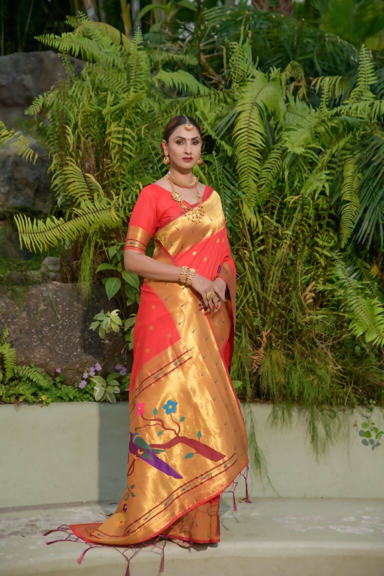Jyoti Fashion Women's Red Paithani Silk Zari Woven Saree with Blouse