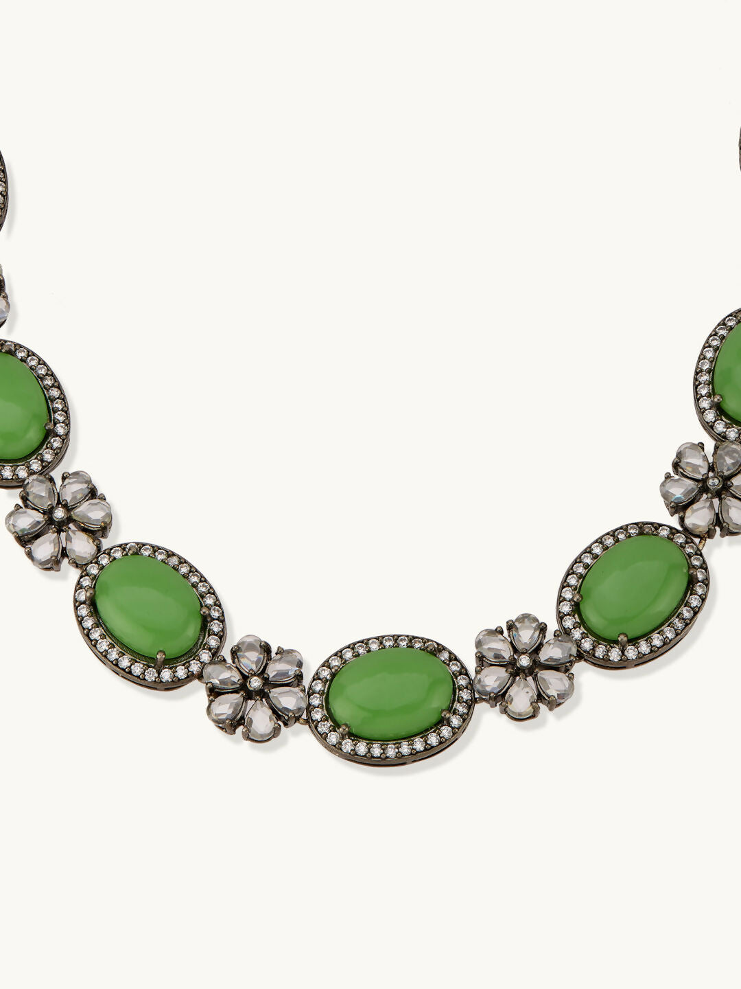 Nuyug Antique Silver Plated Crystal Studded Faux Jade Stones Embellished Necklace Set