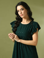 Myshka Women's Green Embroidered Cotton Round Neck A-Line Party Dress - Distacart