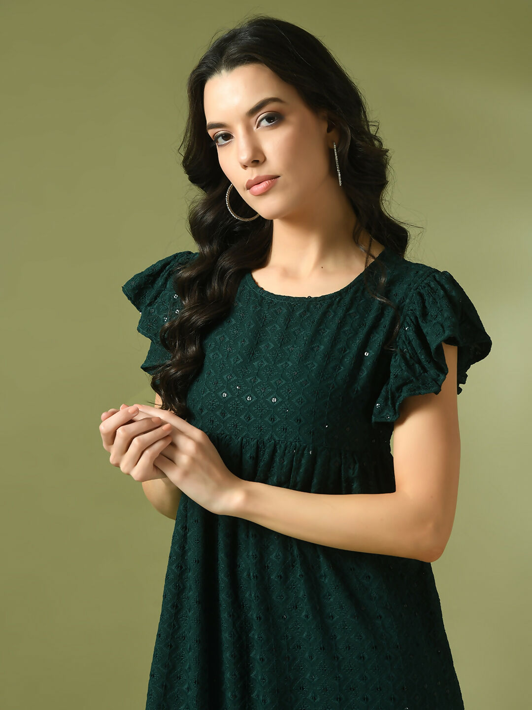 Myshka Women's Green Embroidered Cotton Round Neck A-Line Party Dress - Distacart
