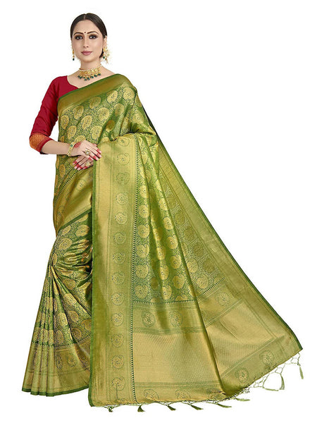 Vardha Women's Olive Green Kanchipuram Raw Silk Saree With Unstitched Blouse Piece
