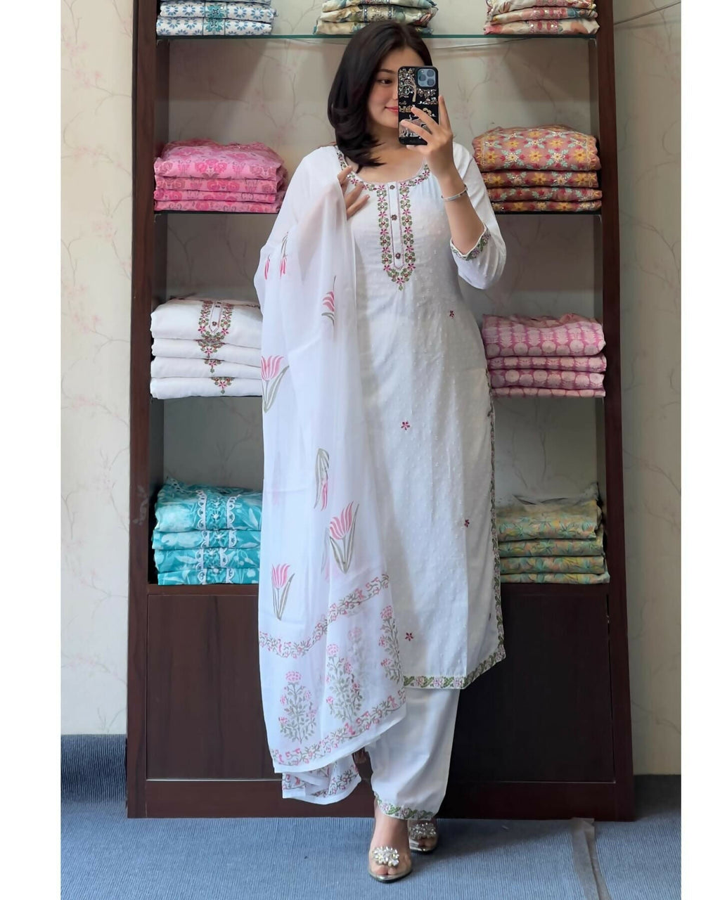 The52 White Women's Gorgeous Georgette Butti Fabric Embroidered Work Straight Kurta Pant and Dupatta Set - Distacart