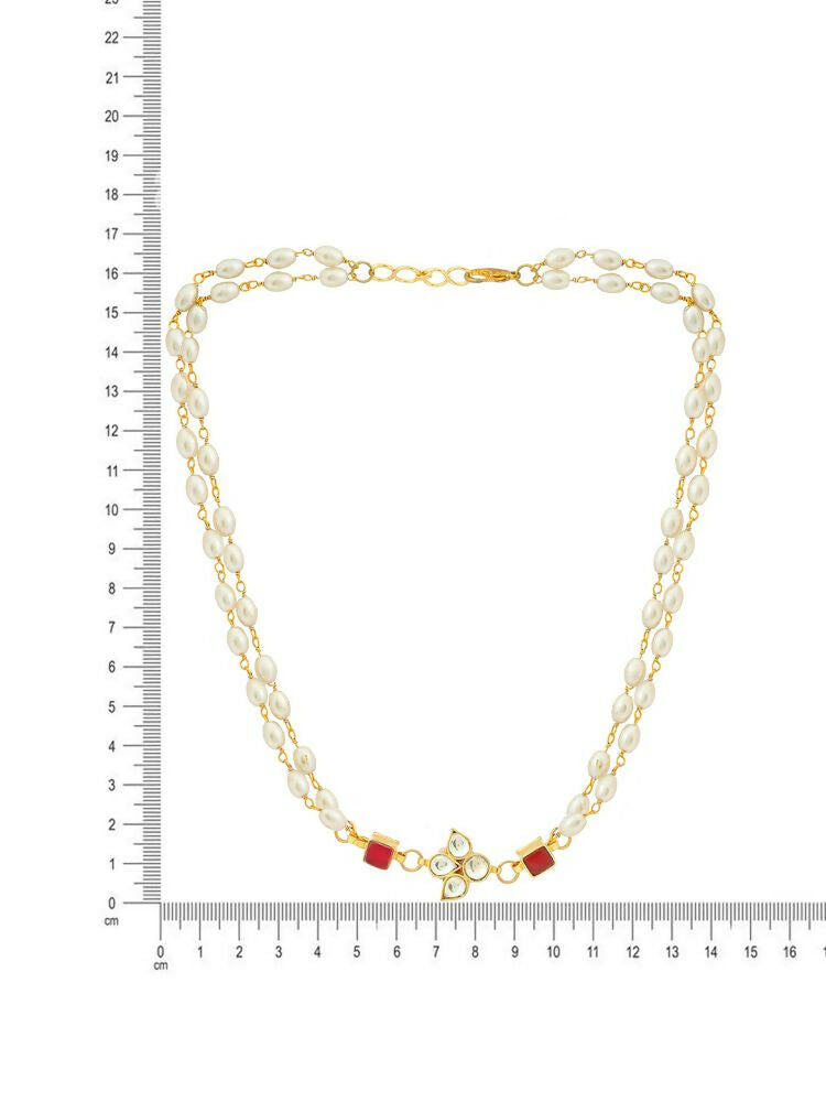 White and Red Beaded Gold Plated Flower Kundan Necklace - Ruby Raang