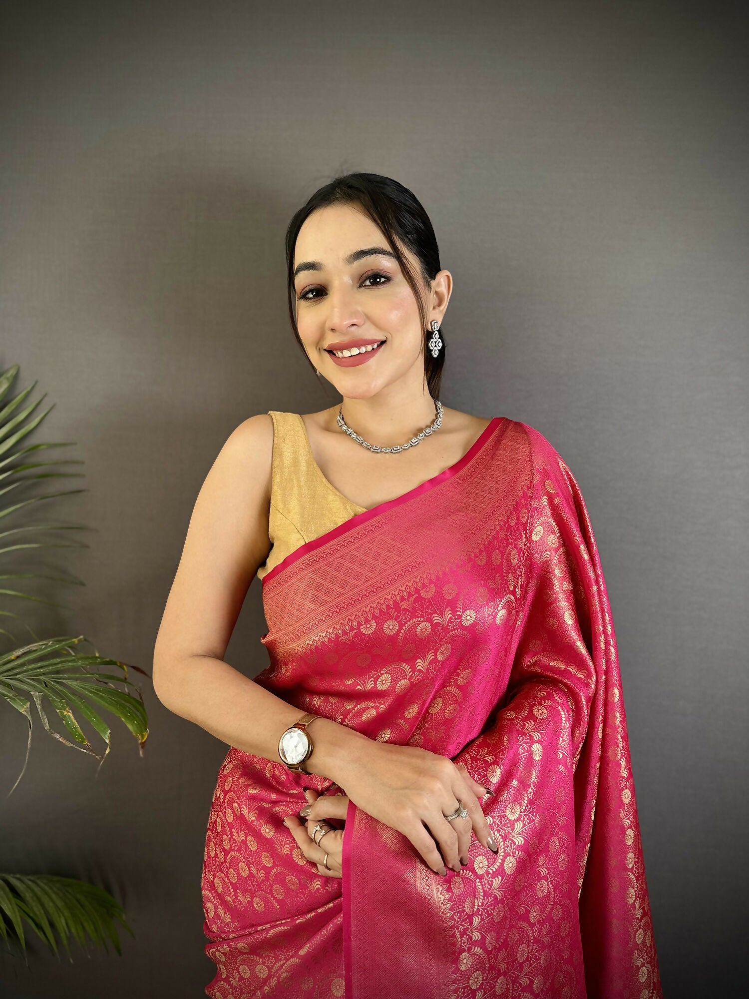 Joban Fashion Rani Pink Floral & Paisley Motifs Soft Satin Silk Banarasi Saree - Distacart