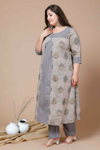Miravan Women's Plus Size Beige Floral Printed Pure Cotton A-Line Kurta With Palazzo