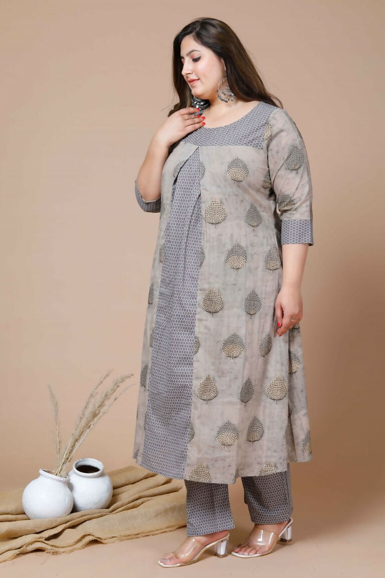 Miravan Women's Plus Size Beige Floral Printed Pure Cotton A-Line Kurta With Palazzo