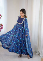 Teeya Creation Blue Faux Georgette Party Wear Digital Print Long Gown - Distacart
