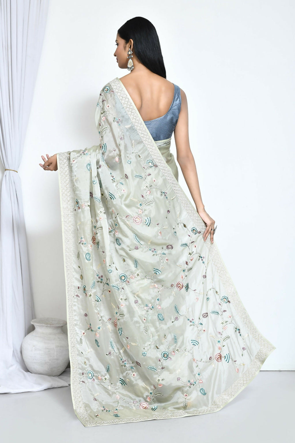 Green Satin Silk Sequence Embroidered With Stone Work Festive Saree - Nimaya Denzy