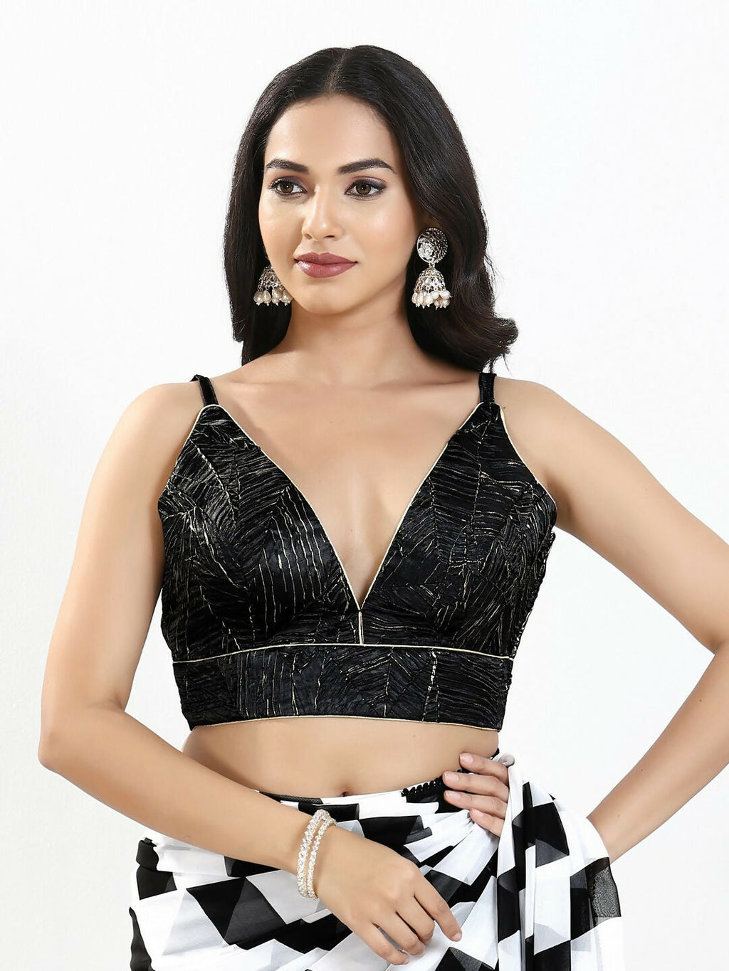 Joban Fashion Black Satin Crush Padded Blouse With V Neck Sleeveless - Distacart