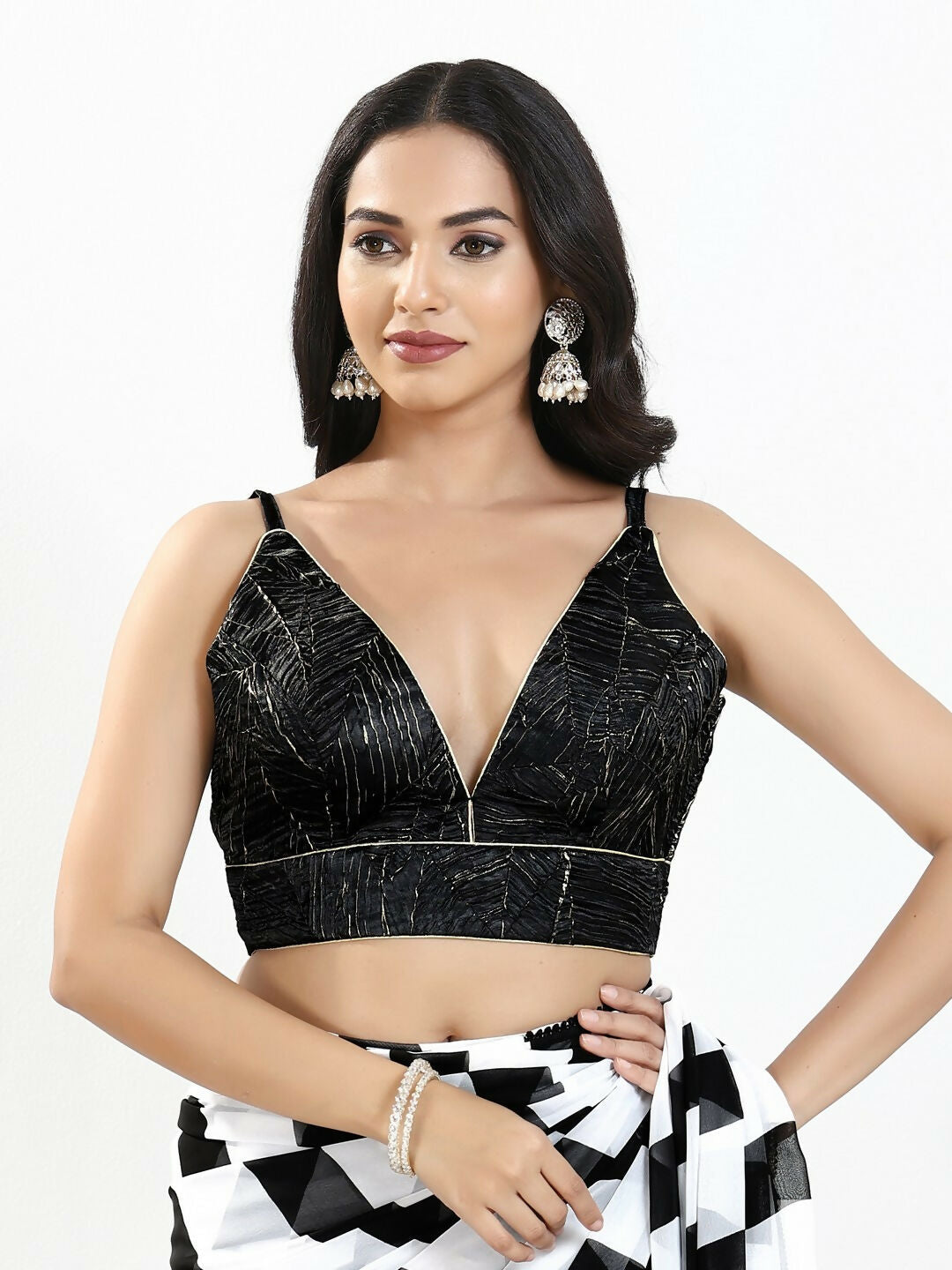 Joban Fashion Black Satin Crush Padded Blouse With V Neck Sleeveless - Distacart