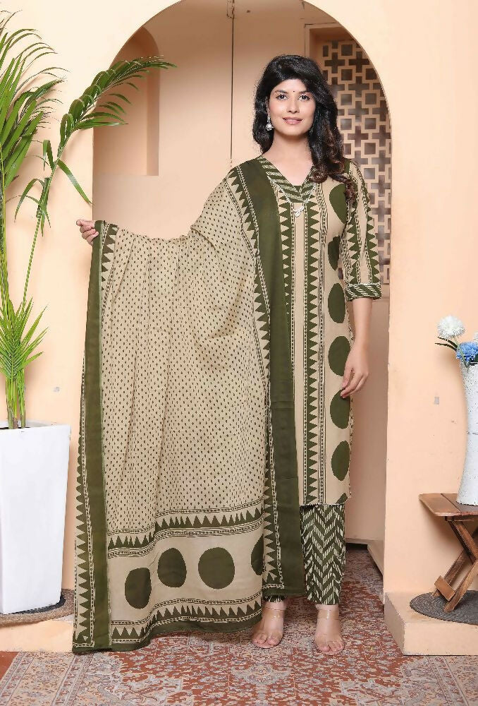 Miravan Womens Polka Dot Printed V-Neck Kurta With Palazzo And Dupatta Set - Distacart