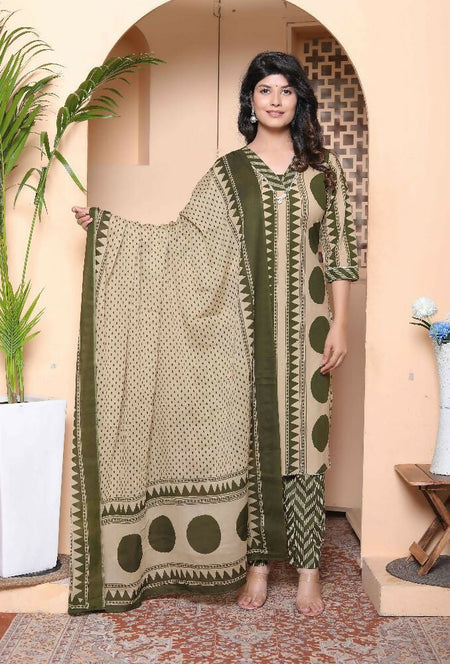 Miravan Womens Polka Dot Printed V-Neck Kurta With Palazzo And Dupatta Set