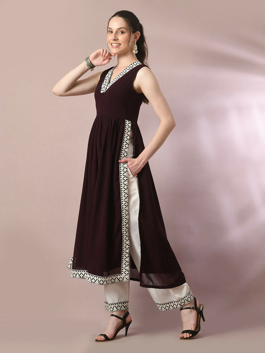 Myshka Women's Coffee Brown Solid Georgette Anarkali Party Kurta Set