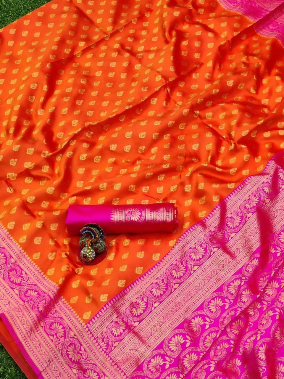 DEIANA'S Beautiful Designer Golden zari Soft Lichi Silk Saree - Orange