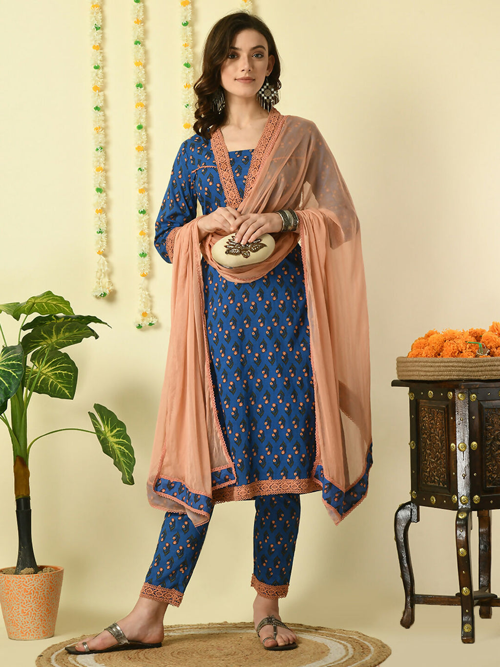 Myshka Women's Blue Pure Cotton Kurta & Trousers With Dupatta Party Sets