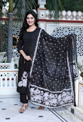 Miravan Women's Black Pintucks Detailing Straight Kurta and Palazzo with Dupatta Set