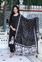 Miravan Women's Black Pintucks Detailing Straight Kurta and Palazzo with Dupatta Set