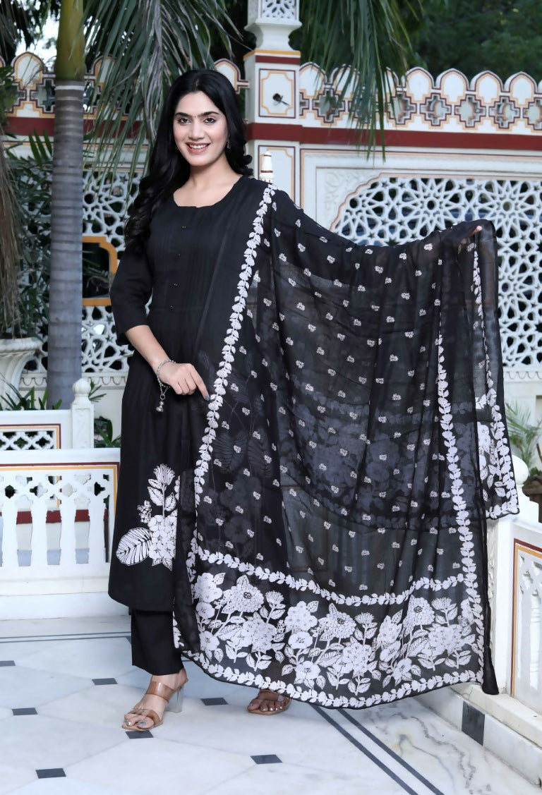 Miravan Women's Black Pintucks Detailing Straight Kurta and Palazzo with Dupatta Set