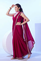 Pink Satin Moss Solid Designer & Lace Work Saree - Samaa