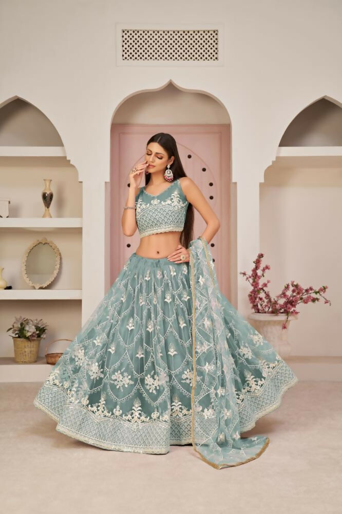 Aastha Fashion Ocean Blue Butterfly Net White Cotton Thread Work, Zari Work And Sandwich Sequence Work Embroidery Wedding Wear Lehenga Choli