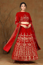 Juniper Women Maroon Velvet Printed Flared Lehenga Choli Sets - Distacart