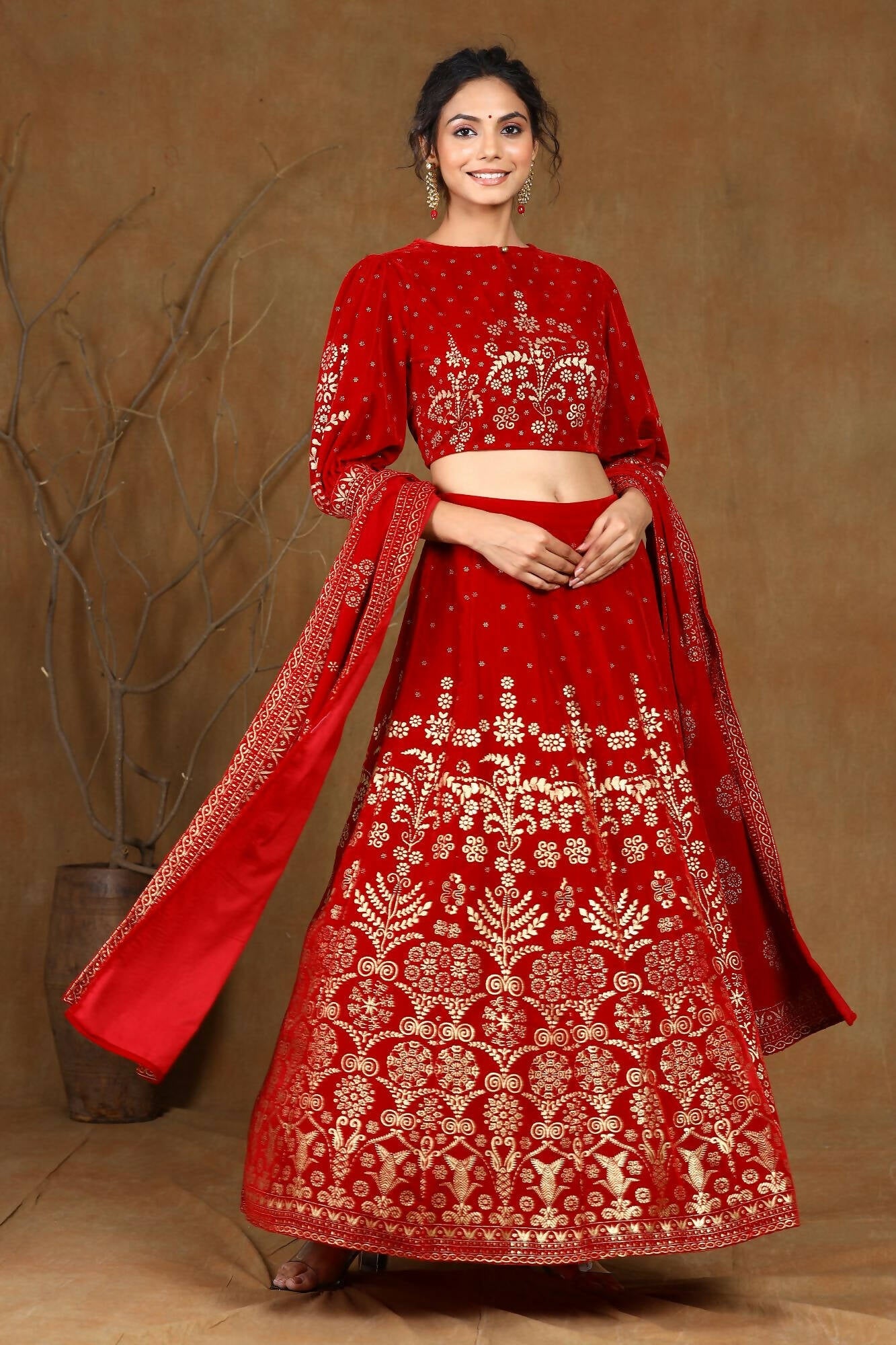 Juniper Women Maroon Velvet Printed Flared Lehenga Choli Sets - Distacart