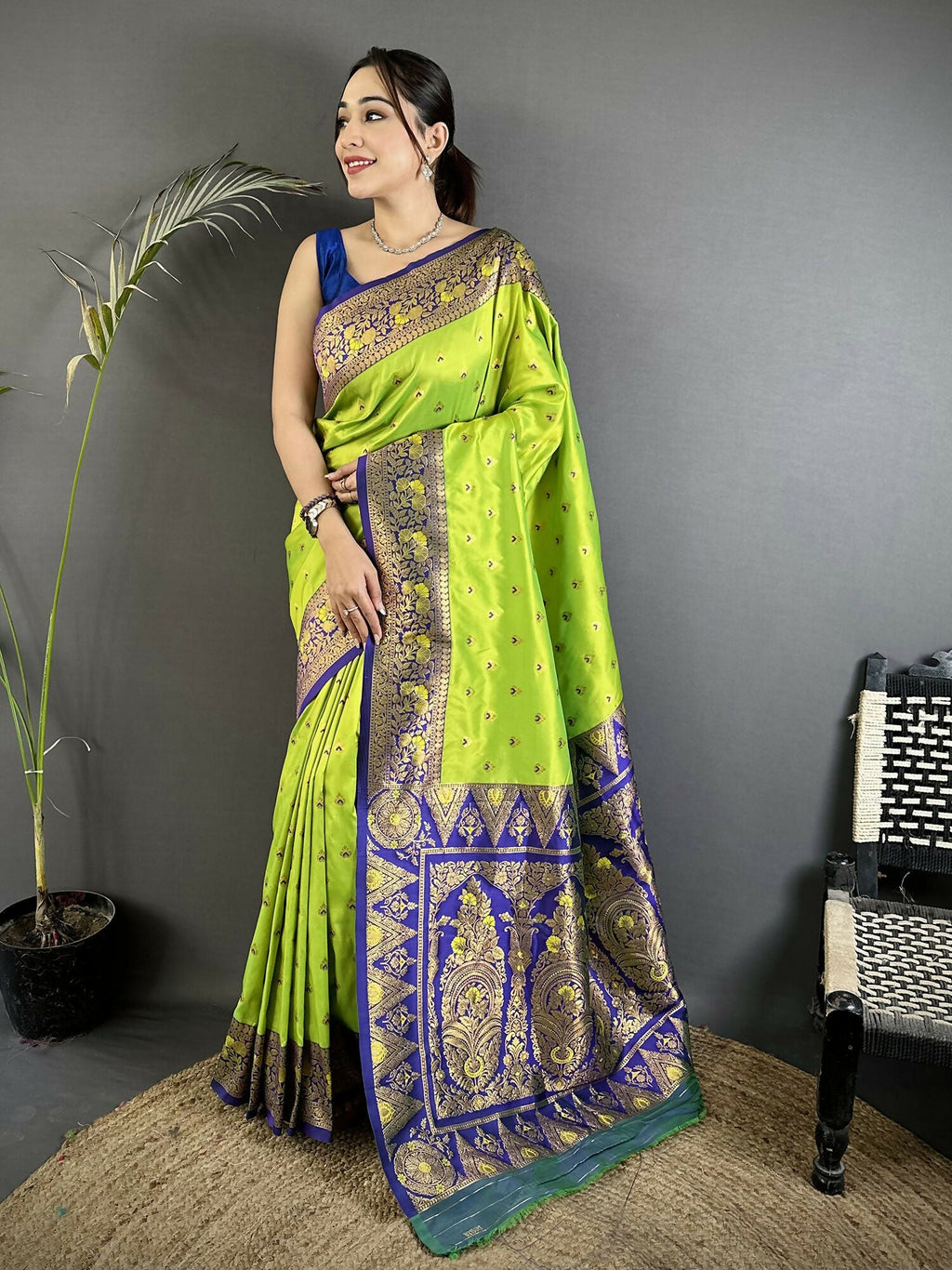 Joban Fashion Parrot Green Intricate Motifs Soft Silk Banarasi Saree