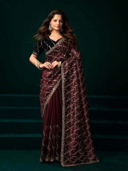 Joban Fashion Maroon Net Party Wear Sarees
