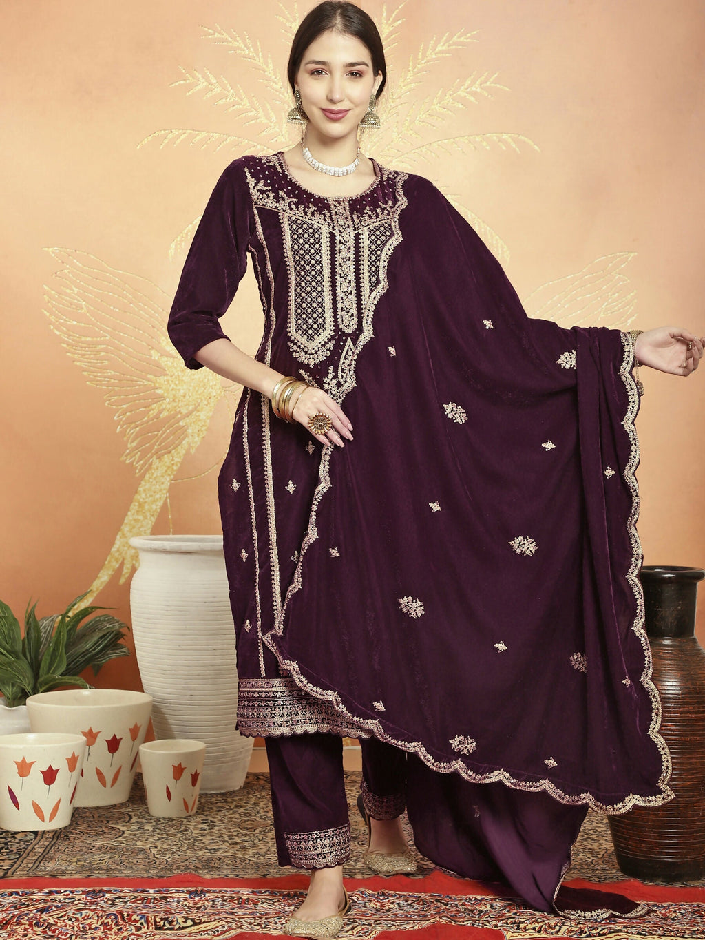 Jyoti Fashion Women's Wine Velvet Cording with Resham Thread & Sequin Kurta with Trouser & Dupatta