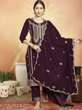 Jyoti Fashion Women's Wine Velvet Cording with Resham Thread & Sequin Kurta with Trouser & Dupatta