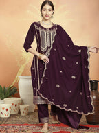 Jyoti Fashion Women's Wine Velvet Cording with Resham Thread & Sequin Kurta with Trouser & Dupatta