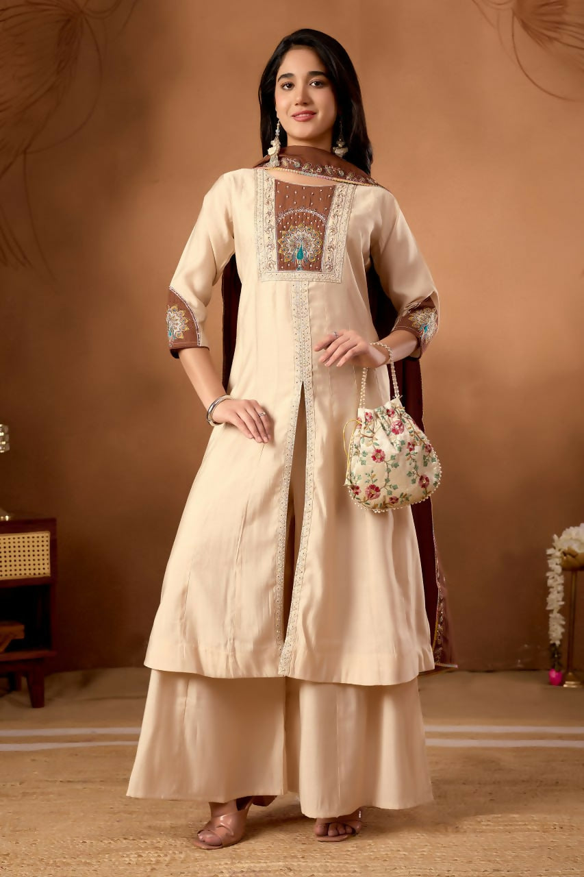 Lehenga Mart Designer Front-Slit Kurta, Paired With Wide-Leg Palazzo Pants And A Dupatta.-Cream - Distacart