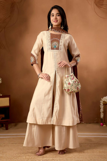 Lehenga Mart Designer Front-Slit Kurta, Paired With Wide-Leg Palazzo Pants And A Dupatta.-Cream