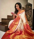 DEIANA'S Beautiful Designer Golden zari Soft Lichi Silk Saree - White