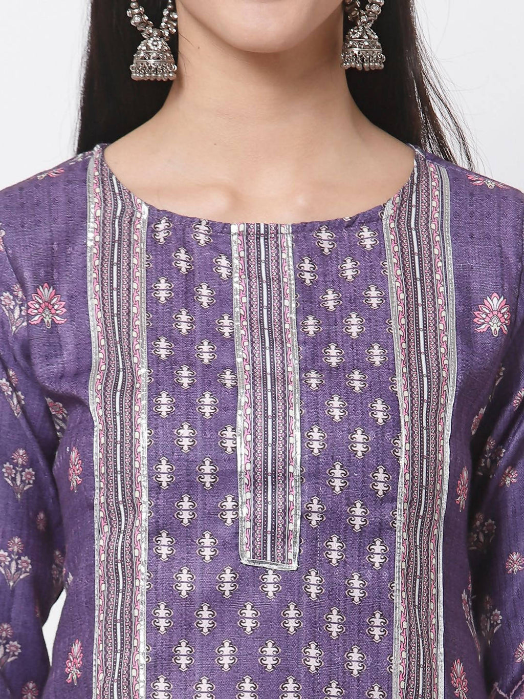 Myshka Women's Purple Printed Polyester Full Sleeve Round Neck Casual Kurta