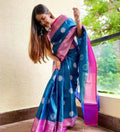 DEIANA'S Beautiful Designer Golden zari Soft Lichi Silk Saree - Blue