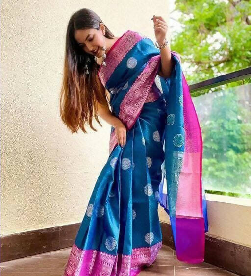 DEIANA'S Beautiful Designer Golden zari Soft Lichi Silk Saree - Blue