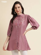 Dust Pink Chinon Yoke Embroidered A-line Top - Tarini
