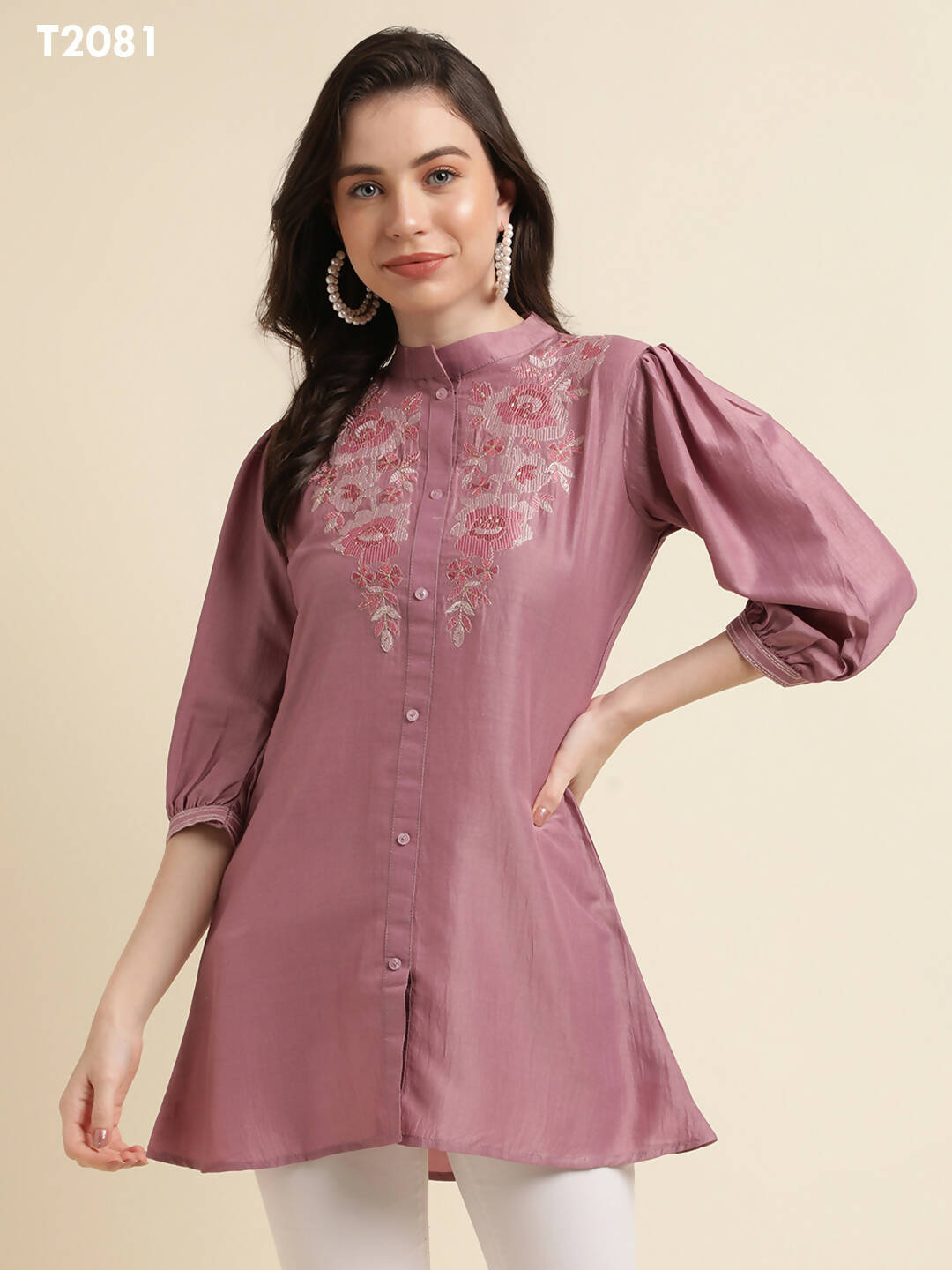 Dust Pink Chinon Yoke Embroidered A-line Top - Tarini