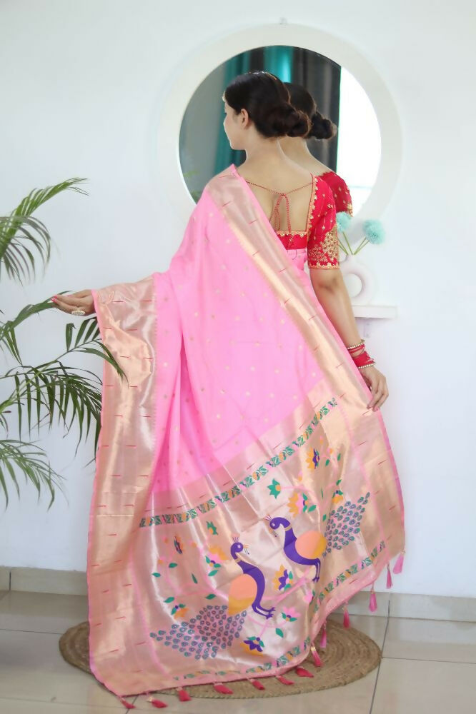 Pink Woven Jacquard Designer Embroidery Work Party Wear Saree - Parampara